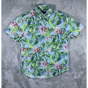 Ralph Lauren Shirt Mens Medium Blue Green Floral Hawaiian Button Up Short Sleeve